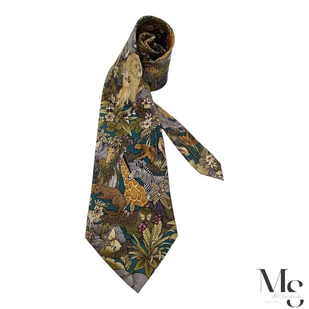 GIAN MARCO VENTURI Green Animal Print Silk Tie Made In Italy W: 4" EX COND